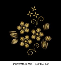 Golden Embroidery Flowers With Leaves on Black Background
