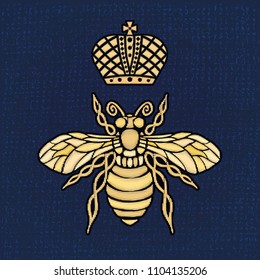 Golden embroidery patch bee crown bumblebee wasp Insect embroidery gold royal Fashion t shirt  Hand drawn vector illustration