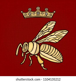 Golden embroidery patch bee crown bumblebee wasp Insect embroidery gold royal Fashion t shirt  Hand drawn vector illustration