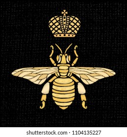 Golden embroidery patch bee crown bumblebee wasp Insect embroidery gold royal Fashion t shirt  Hand drawn vector illustration