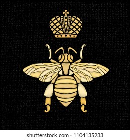 Golden embroidery patch bee crown bumblebee wasp Insect embroidery gold royal Fashion t shirt  Hand drawn vector illustration