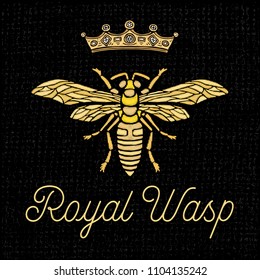 Golden embroidery patch bee crown bumblebee wasp Insect embroidery gold royal Fashion t shirt  Hand drawn vector illustration