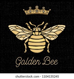 Golden embroidery patch bee crown bumblebee wasp Insect embroidery gold royal Fashion t shirt  Hand drawn vector illustration