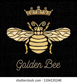 Golden embroidery patch bee crown bumblebee wasp Insect embroidery gold royal Fashion t shirt  Hand drawn vector illustration