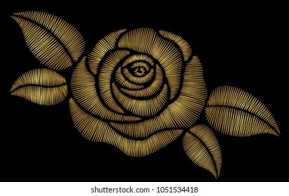 Golden Embroidery Rose with Leaves, Vector Design