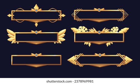 Golden empty decorated metal frames for game ui design. Shiny title banners set. Cartoon vector illustration for board, panel, button.