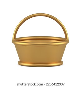 Golden empty Easter basket metallic accessory for eggs storage and carrying 3d icon realistic vector illustration. Premium bucket religious holiday festive greeting decorative element luxury design