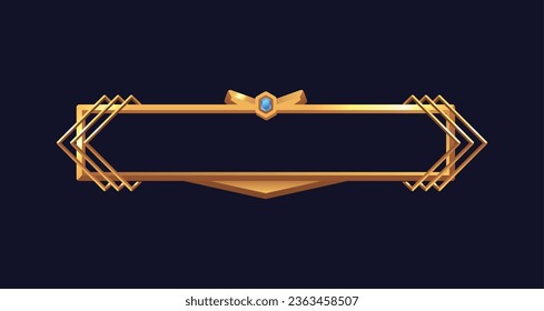 Golden empty frame with gem. Medieval gold metal element for user interface ui ux game. Bronze decoration metallic border for fantasy RPG gaming. Vector cartoon isolated illustration game button