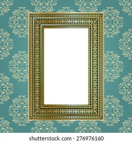 Golden empty frame on the wall for your art, text or photo. Vintage background.