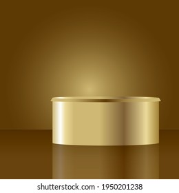 Golden empty pedestal illustration with the ring. Exhibition Podium for promotion brand. Tropical summer decor with blank mockup space. Luxury stand for design advertisement.