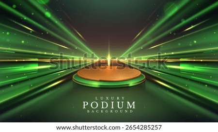 Golden empty podium with aurora beam effect decoration and light star. Luxury green background design concept for promotion beauty product and cosmetic or award ceremony scene.
