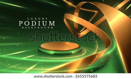 Golden empty podium with aurora beam effect decoration and ribbon element. Luxury green background design concept for promotion beauty product and cosmetic or award ceremony scene.