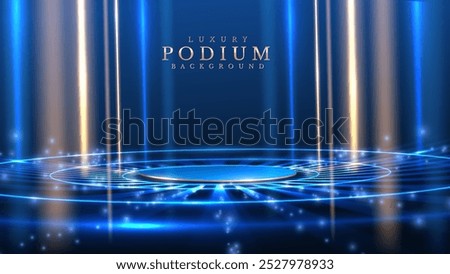 Golden empty podium backdrop for product showcase or award ceremony decorated with neon beams and bokeh on blue background, elegant style stage design.