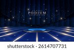 Golden empty podium on blue background with soft neon effect with bokeh decoration on curtain backdrop. Luxury stage design concept. Vector illustration.