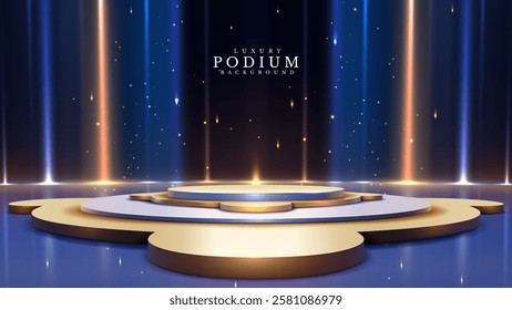 Golden empty podium on blue background with neon light effect and bokeh decoration. Elegant scene design concept Vector illustration.