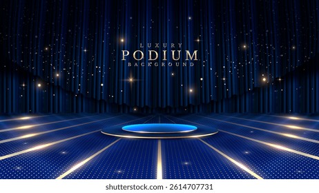 Golden empty podium on blue background with soft neon effect with bokeh decoration on curtain backdrop. Luxury stage design concept. Vector illustration.