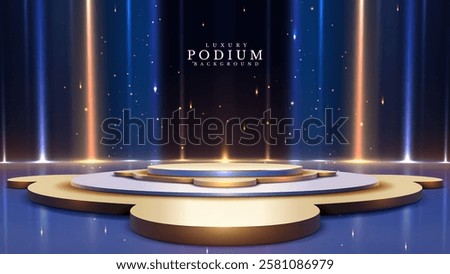 Golden empty podium on blue background with neon light effect and bokeh decoration. Elegant scene design concept Vector illustration.