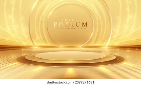 Golden empty podium on brown background with neon light effect with bokeh decoration. Elegant scene design concept for marketing promotion.