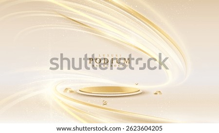 Golden empty podium on cream background with soft golden neon effect with ribbon and bokeh decoration. Luxury stage design concept. Vector illustration.