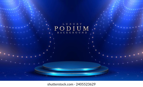 Golden empty podium on dark blue background with spotlight effect decoration and sparkling bokeh.