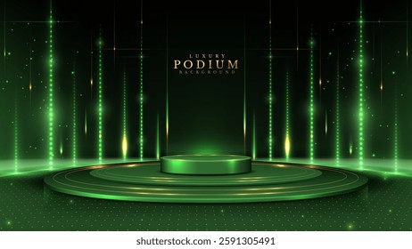 Golden empty podium on green background with glowing effect decoration and stars, elegant set design concept.