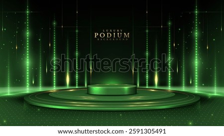 Golden empty podium on green background with glowing effect decoration and stars, elegant set design concept.