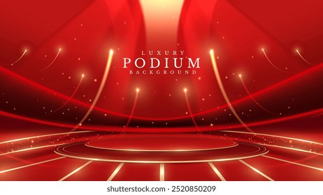 Golden empty podium on red background with neon light effects and bokeh decorations. Luxury scene design concept ideal for product display. Vector illustration.