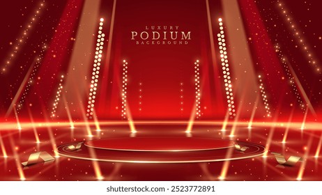 Podio vacío dorado sobre fondo rojo con efectos de luz de neón y decoraciones bokeh. Concepto de diseño de escena de lujo ideal para la exhibición del producto. Ilustración vectorial.