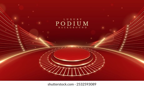 Golden empty podium on red background decorated with glittering lights and bokeh, stage design concept for product show or awards ceremony in elegant style.