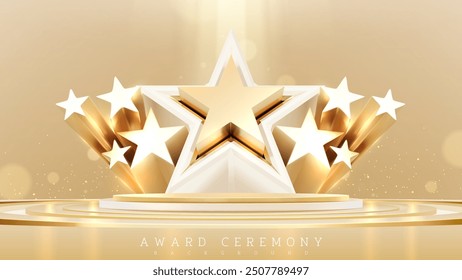 Golden empty podium with star shape 3d elements on back and neon light effect with bokeh decoration. Luxury scene design concept for award ceremony.