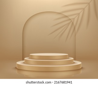 Golden empty podium with tropical plant shadow. 3d vector illustration