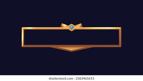 Golden empty rectangle frame with gem. Medieval gold metal element for interface ui ux game. Bronze decoration border for fantasy RPG gaming. Vector cartoon isolated game button illustration