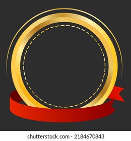 Golden Empty Round Frame With Red Ribbon On Black Background.