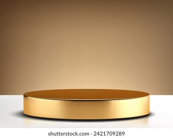 Golden empty round pedestal. Golden round podium, advertising display of items.