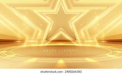 Golden empty stage with star frame elements and neon light effect with bokeh decoration. Luxury scene design concept for award ceremony.