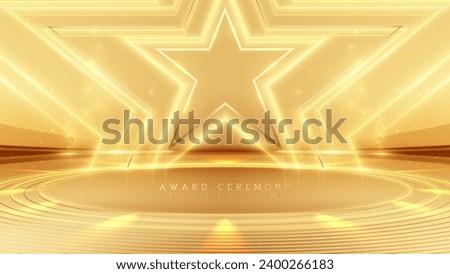 Golden empty stage with star frame elements and neon light effect with bokeh decoration. Luxury scene design concept for award ceremony.