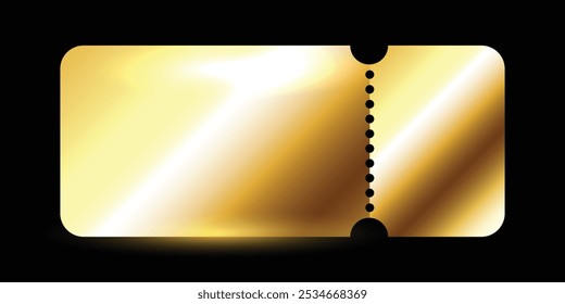 Golden empty ticket isolated on black background. Gold vector coupon,  discount tag mockup. Cinema, theater, concert, club, movie, party, event, festival invitation entrance.