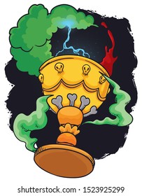 Golden and enchanted goblet decorated with skulls, bones and magic smoke around it, some thunders and mysterious liquid with deadly and powerful powers for magicians.