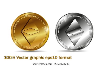 Golden end silver ethereum coin. Crypto currency blockchain coin ethereum symbol isolated on white background. Realistic vector illustration