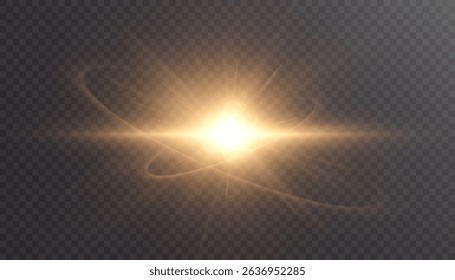 Golden energy explosion with glowing core and swirling light trails on transparent background. Abstract vector light effect.