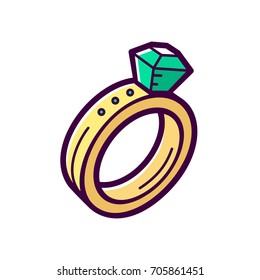 Golden engagement ring with big emerald isolated on white background. Fashionable jewelry accessory with diamond. Vector icon in outline cartoon style for t shirt or logo design