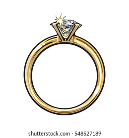 Golden engagement ring with a big shining diamond, sketch style illustration isolated on white background. Realistic hand drawing of traditional marriage, engagement ring with a diamond