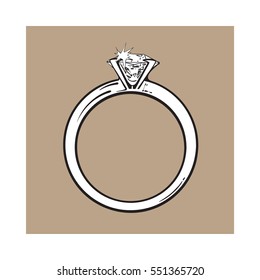 Golden Engagement Ring With A Big Shining Diamond, Sketch Style Illustration Isolated On Brown Background. Realistic Hand Drawing Of Traditional Marriage, Engagement Ring With A Diamond