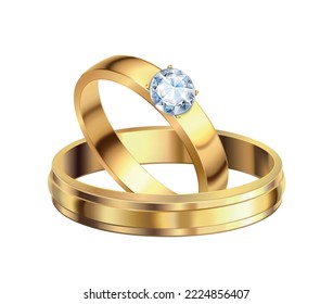 Golden engagement ring composition with isolated realistic image on blank background vector illustration