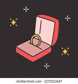 Golden engagement ring in open box on black background. Elegant jewelry or beautiful accessory for marriage proposal and wedding ceremony. Expensive luxury romantic gift. Colorful vector illustration.