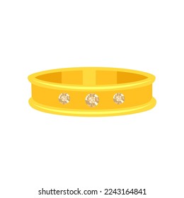 Golden engagement ring with white gems vector illustration. Accessory for wedding or proposal, ring with jewel isolated on white background. Marriage, love, jewellery concept