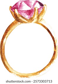 Golden engagement ruby ring Watercolor Ring with pink gem stone Isolated on white background Jewelry illustration vector 