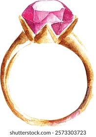 Golden engagement ruby ring Watercolor Ring with pink gem stone Isolated on white background Jewelry illustration vector 