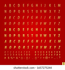 Golden english alphabet On a red background Consisting of thick English characters, italics and other symbols.