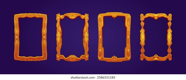 Golden engraved or carved wooden frame a4 paper. Vector border template with pattern in cartoon style. Dotted, line art, abstract, decorative, floral. Isolated set, thin line woven into ornament.